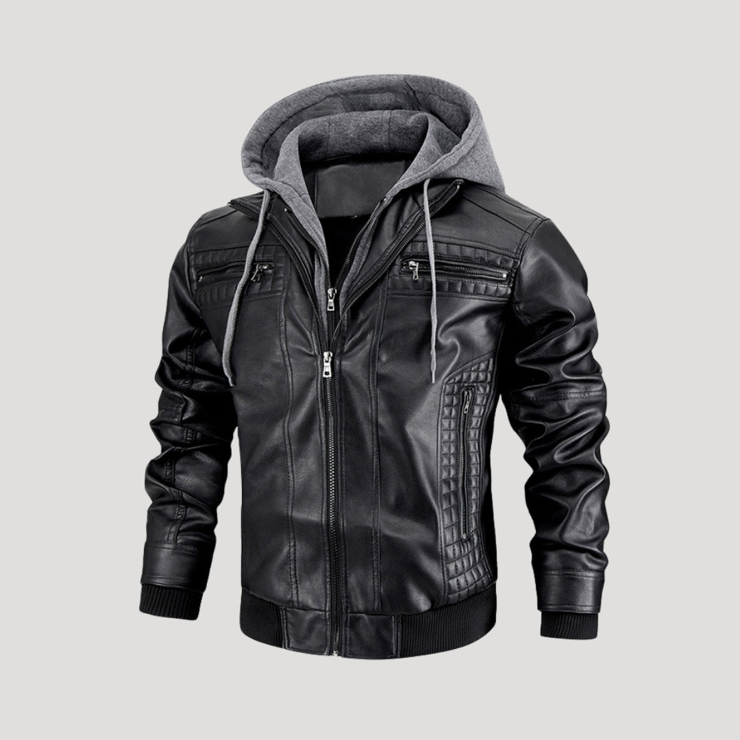 Men’s Faux Leather Jacket with Hood – Stylish Black Biker Coat