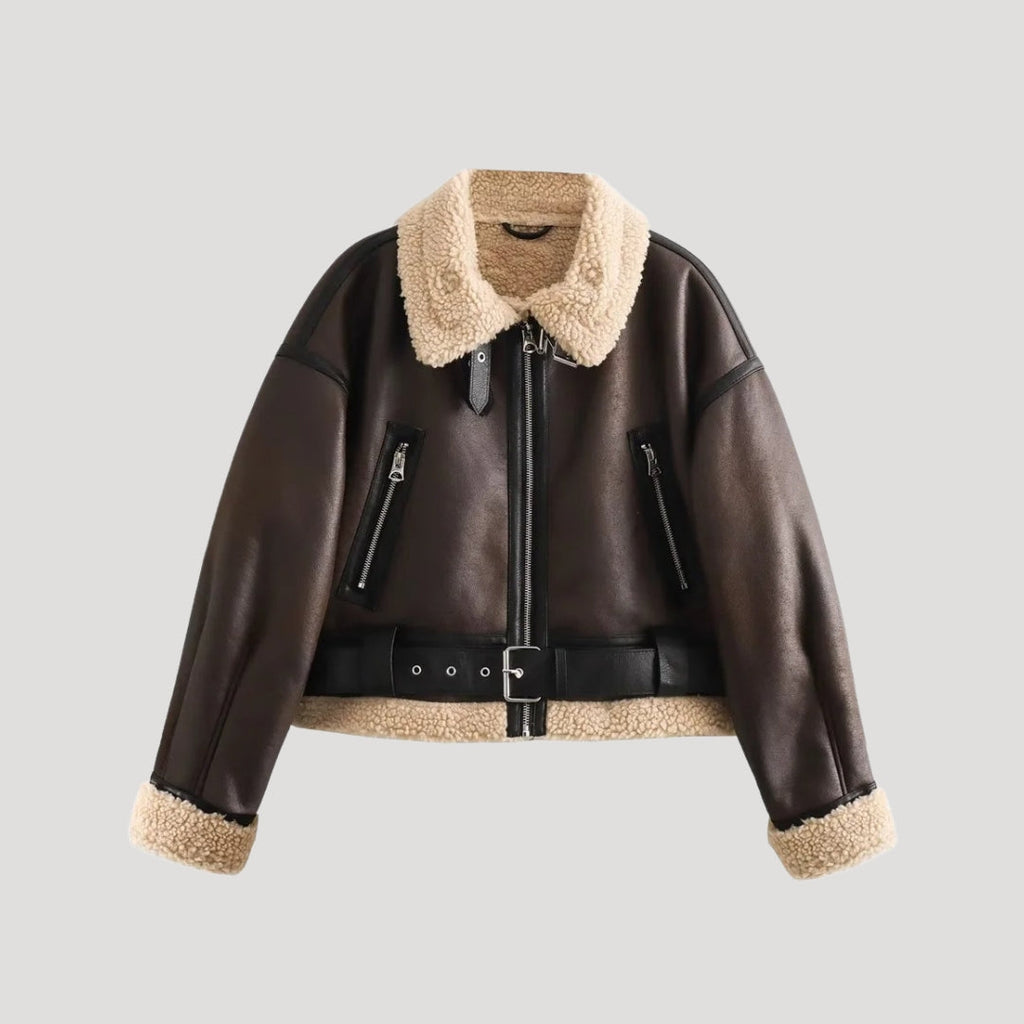 Women’s Shearling Aviator Jacket – Brown Faux Leather Coat