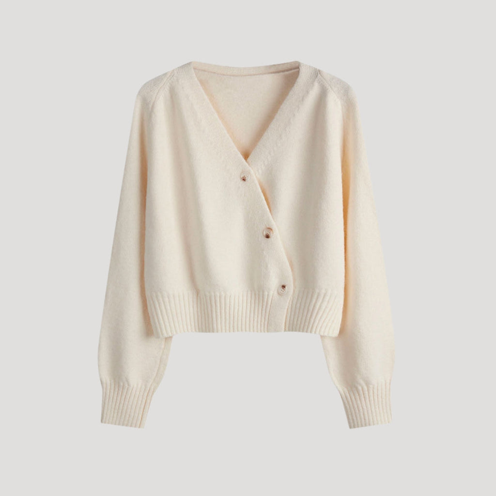 Women’s Cream Knit Cardigan – Soft V-Neck Button Sweater