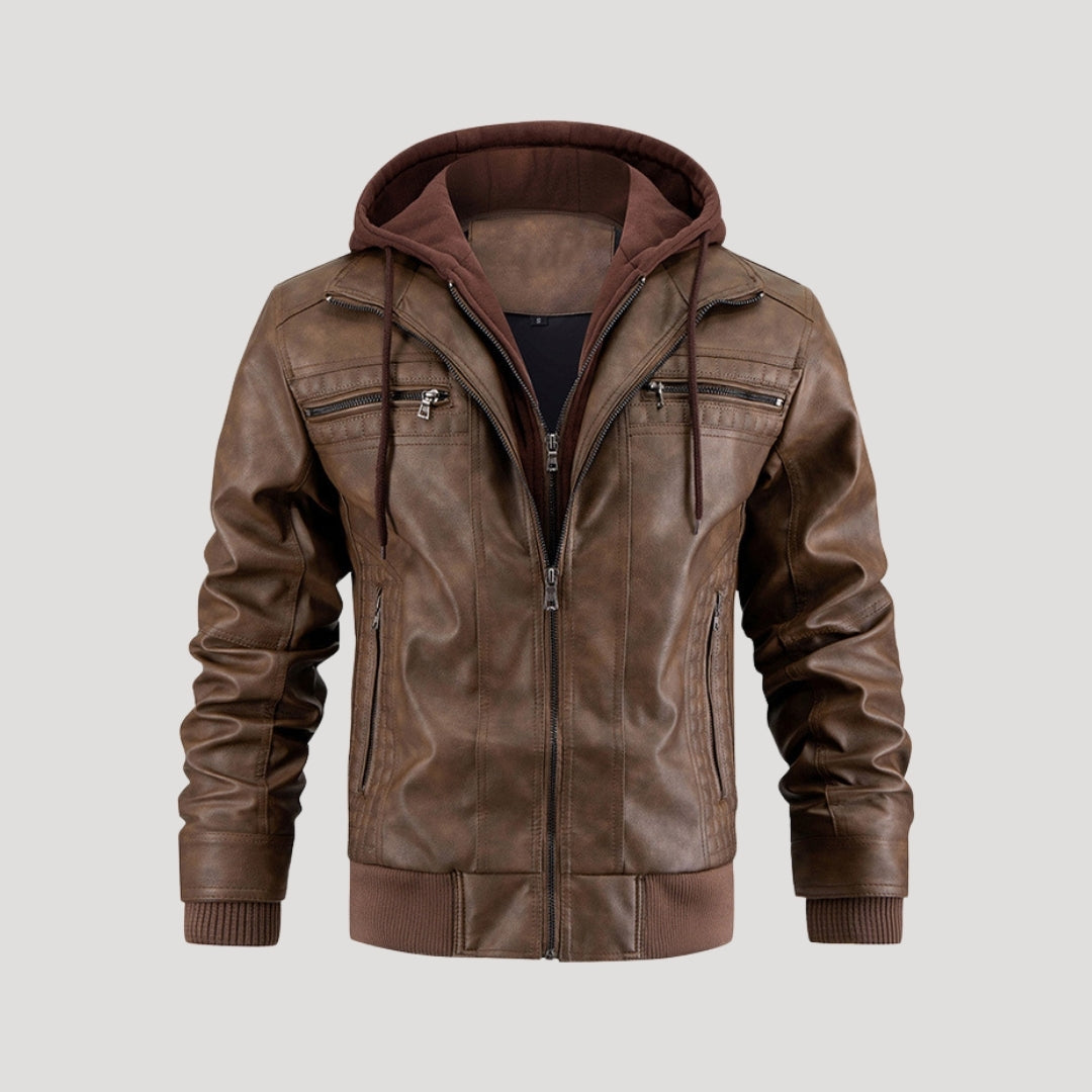 Men’s Faux Leather Jacket with Hood – Stylish Black Biker Coat