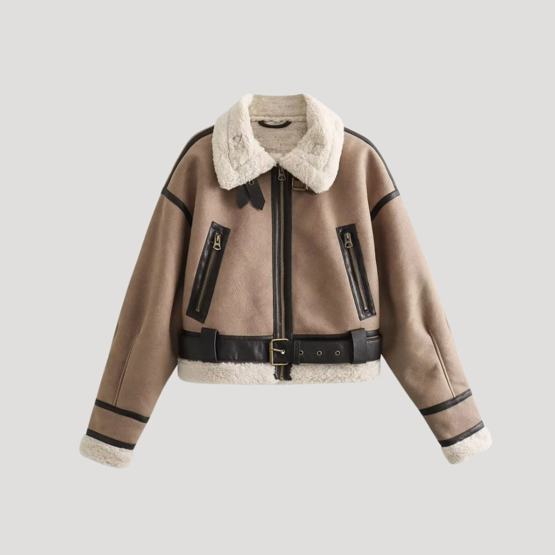 Women’s Shearling Aviator Jacket – Brown Faux Leather Coat