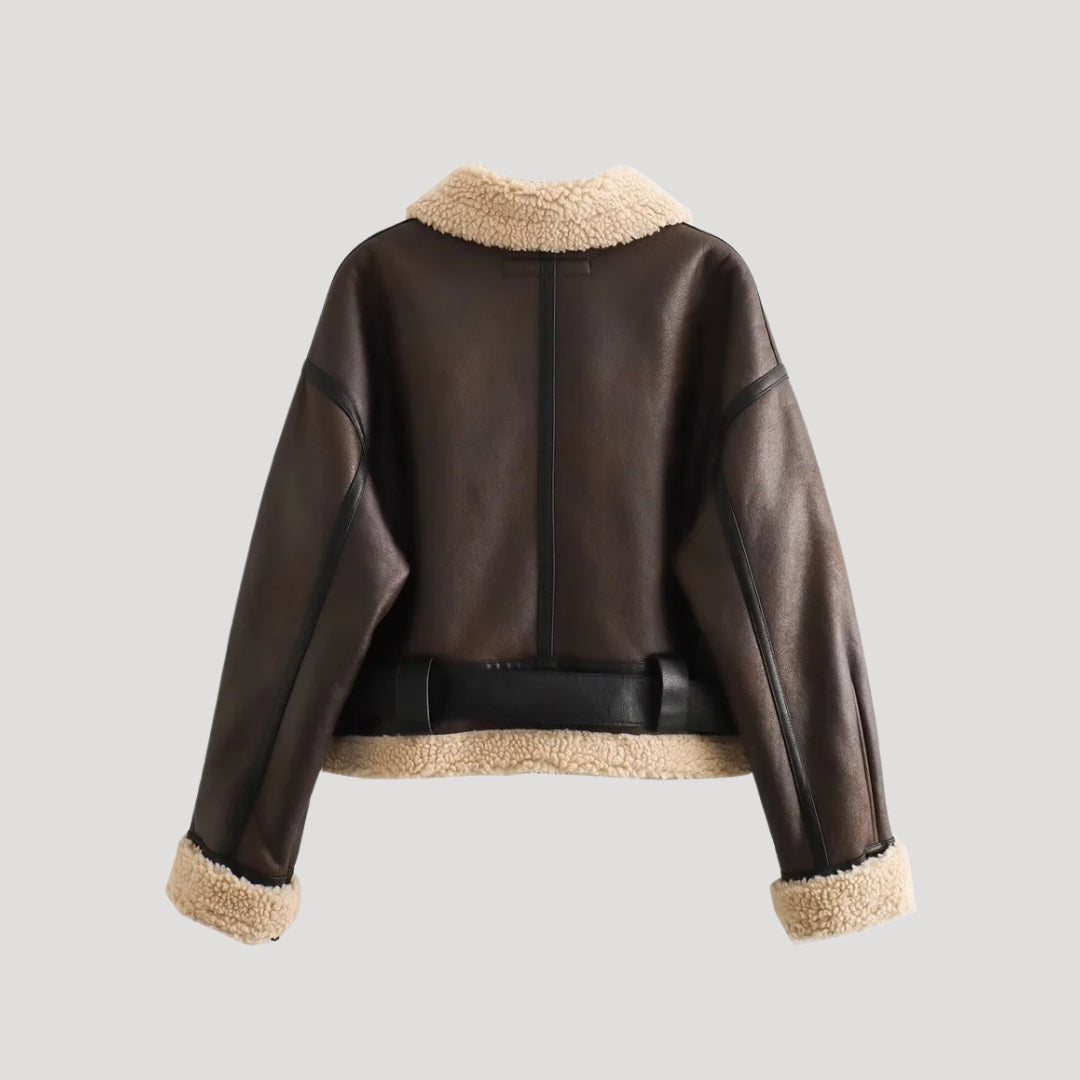 Women’s Shearling Aviator Jacket – Brown Faux Leather Coat