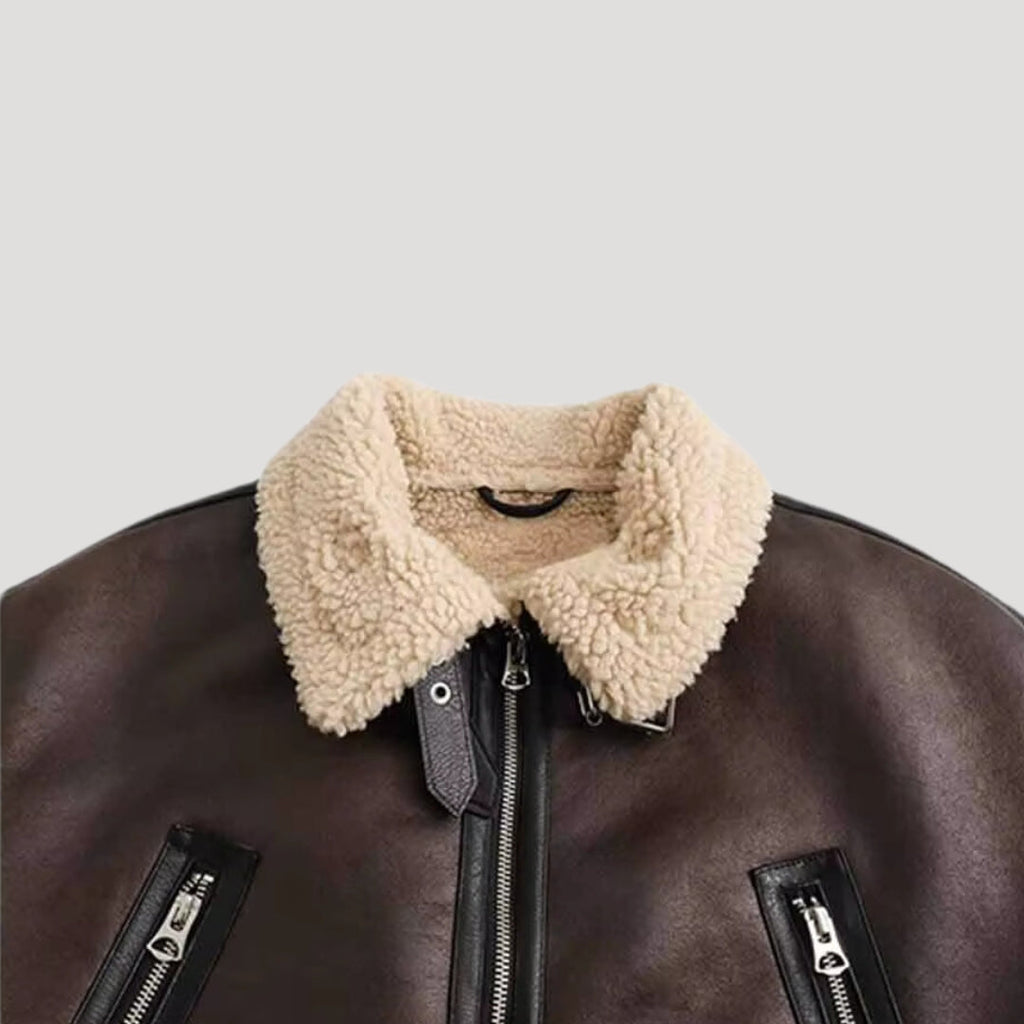 Women’s Shearling Aviator Jacket – Brown Faux Leather Coat