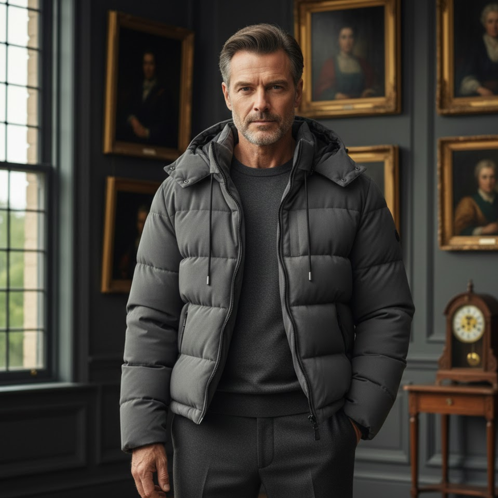 Men’s Black Puffer Jacket with Hood – Warm Winter Coat