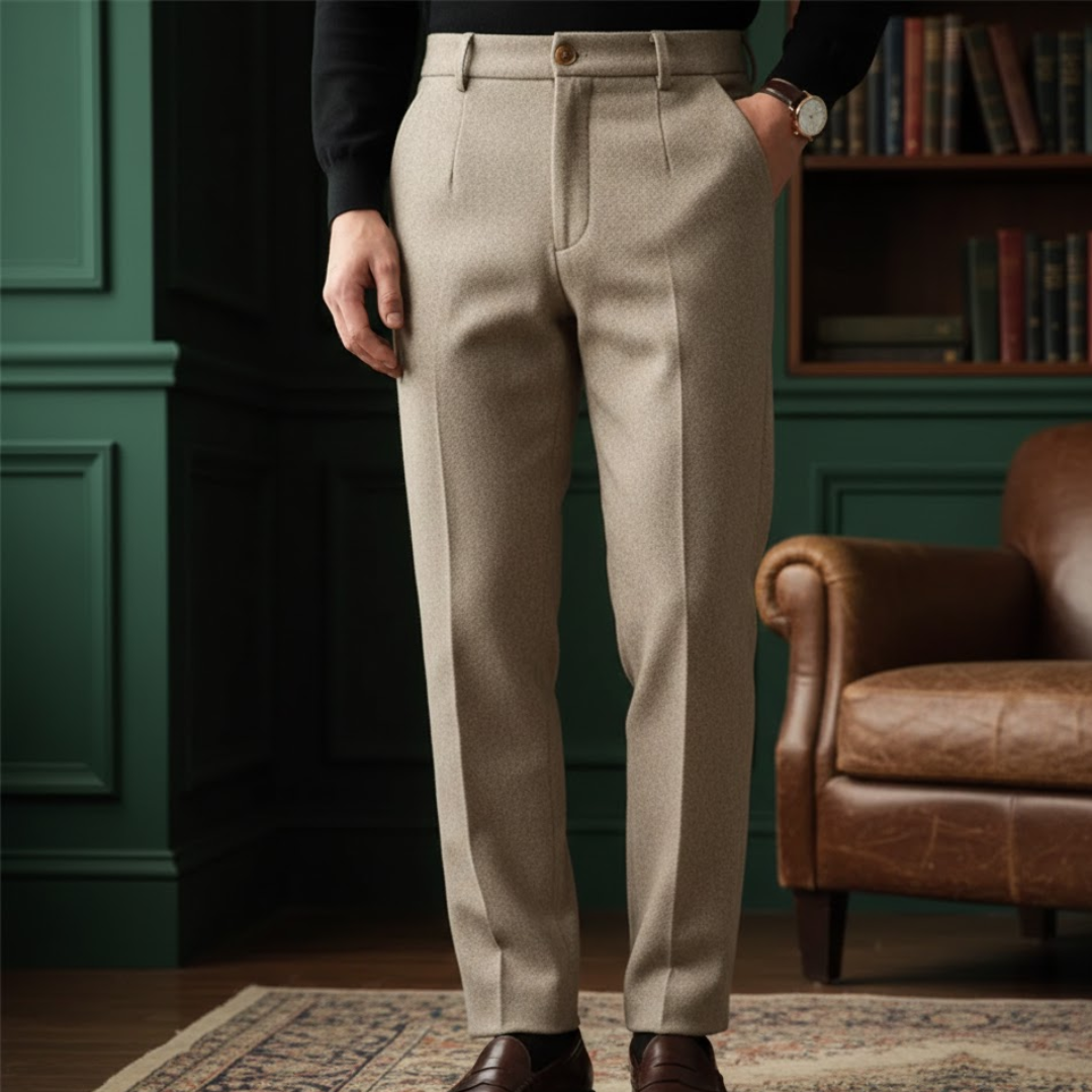Men’s Beige Herringbone Trousers – High Waist Tailored Fit