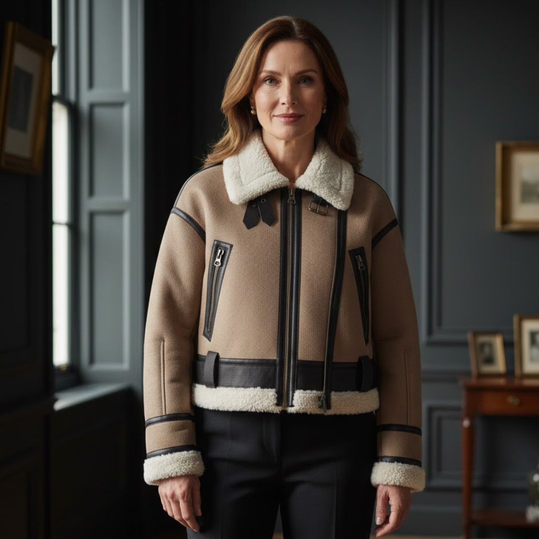 Women’s Shearling Aviator Jacket – Brown Faux Leather Coat