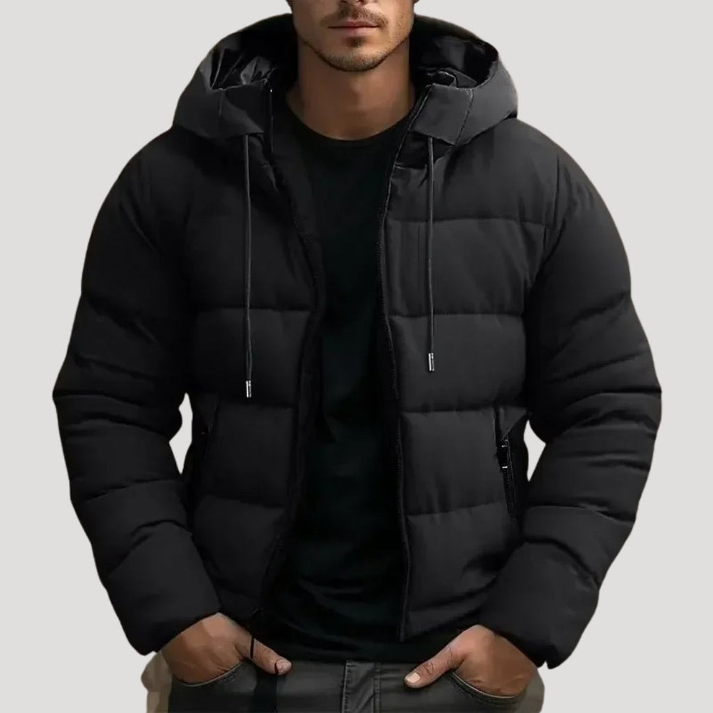 Men’s Black Puffer Jacket with Hood – Warm Winter Coat
