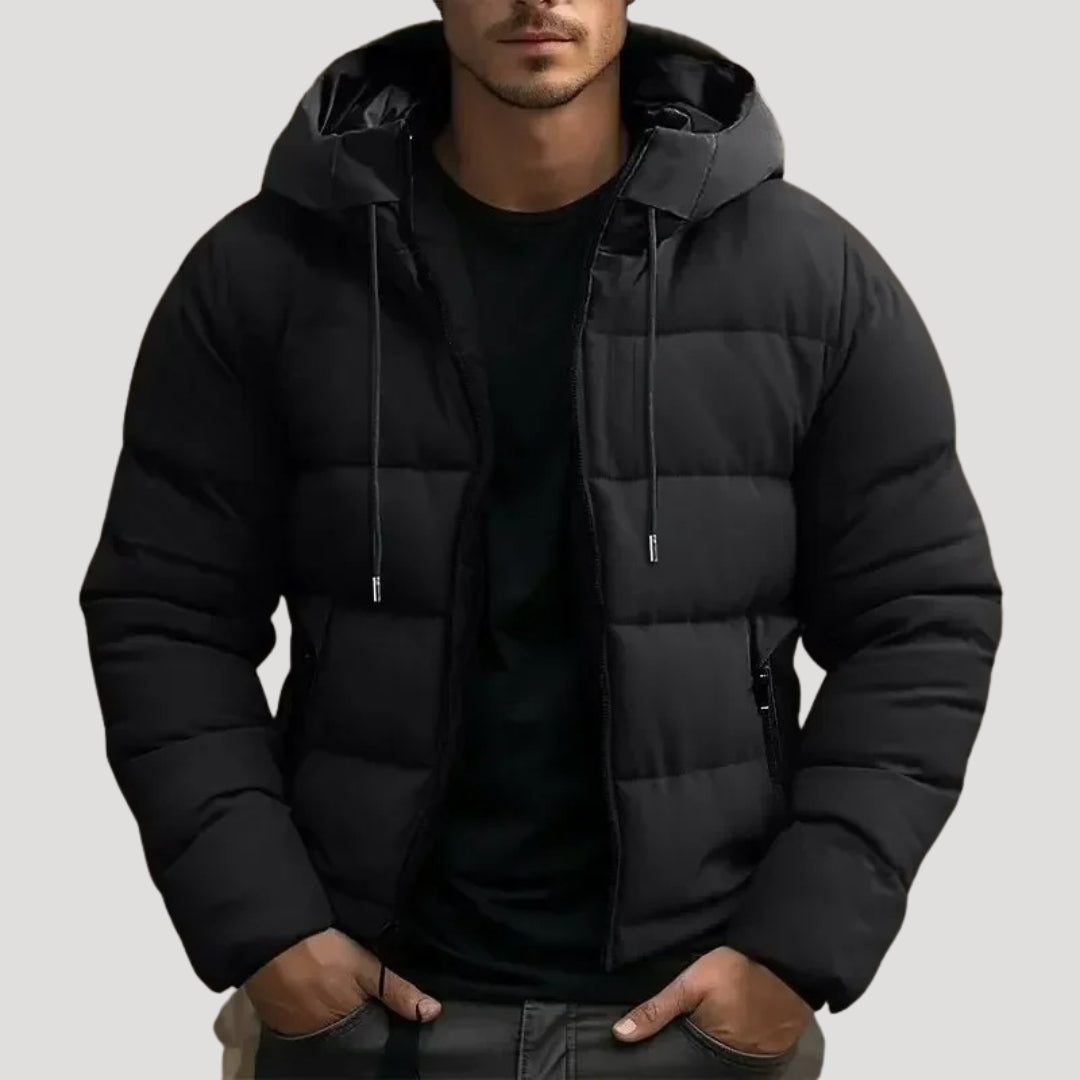 Men’s Black Puffer Jacket with Hood – Warm Winter Coat