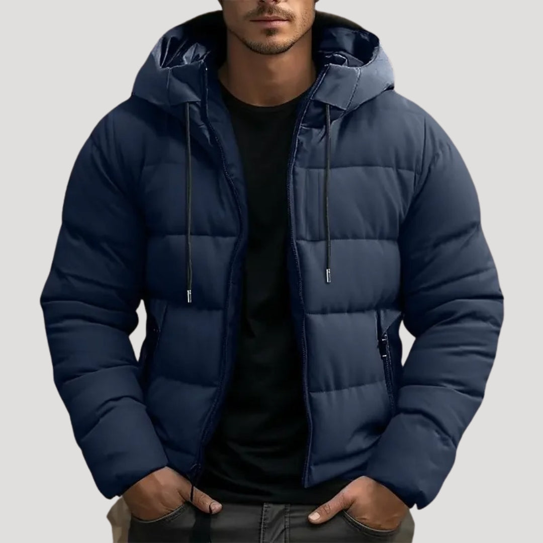Men’s Black Puffer Jacket with Hood – Warm Winter Coat