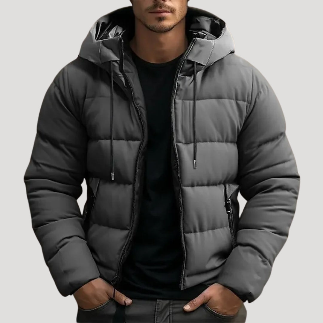 Men’s Black Puffer Jacket with Hood – Warm Winter Coat