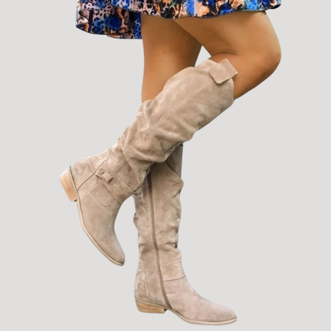 Women’s Beige Suede Knee-High Boots – Classic Flat Long Boots