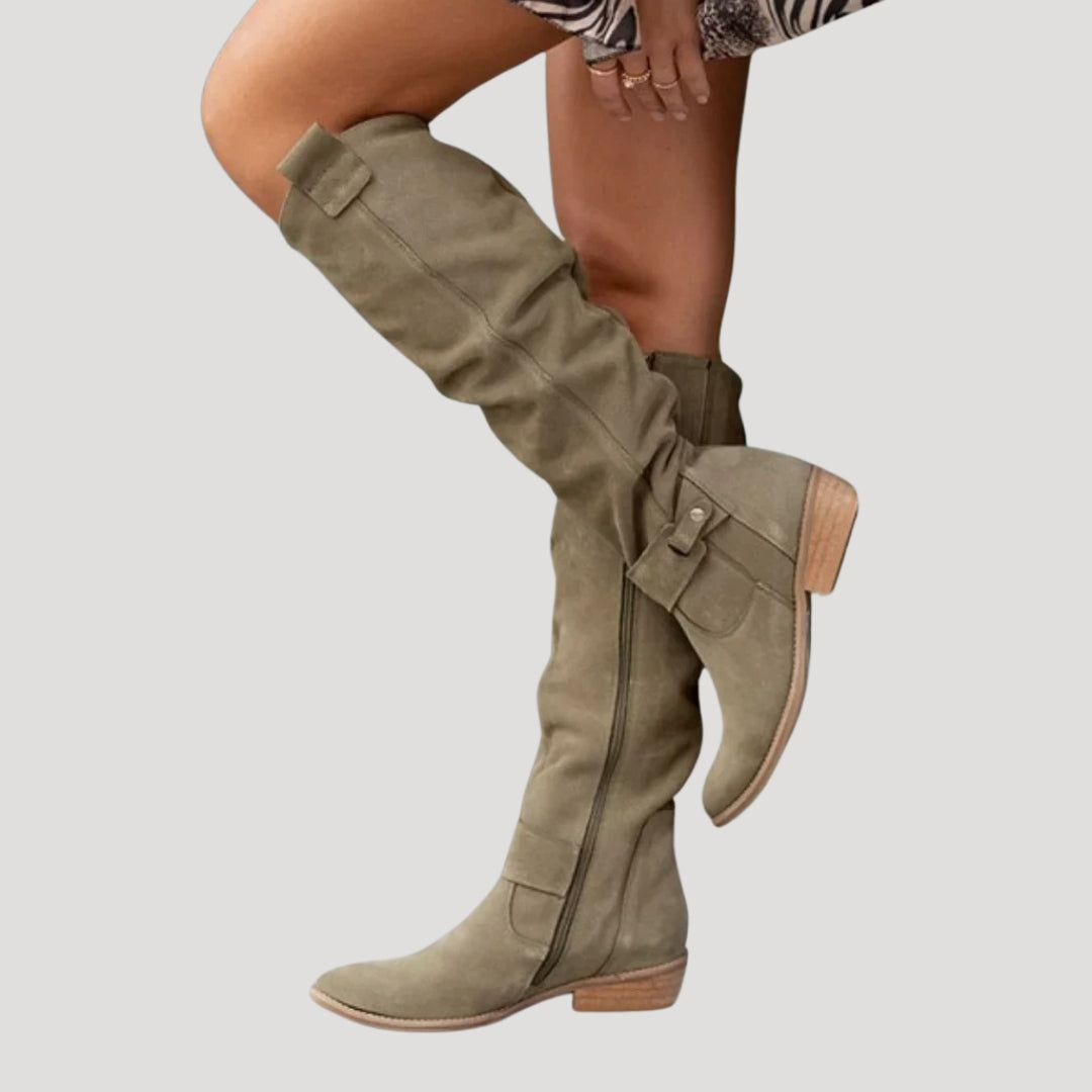 Women’s Beige Suede Knee-High Boots – Classic Flat Long Boots