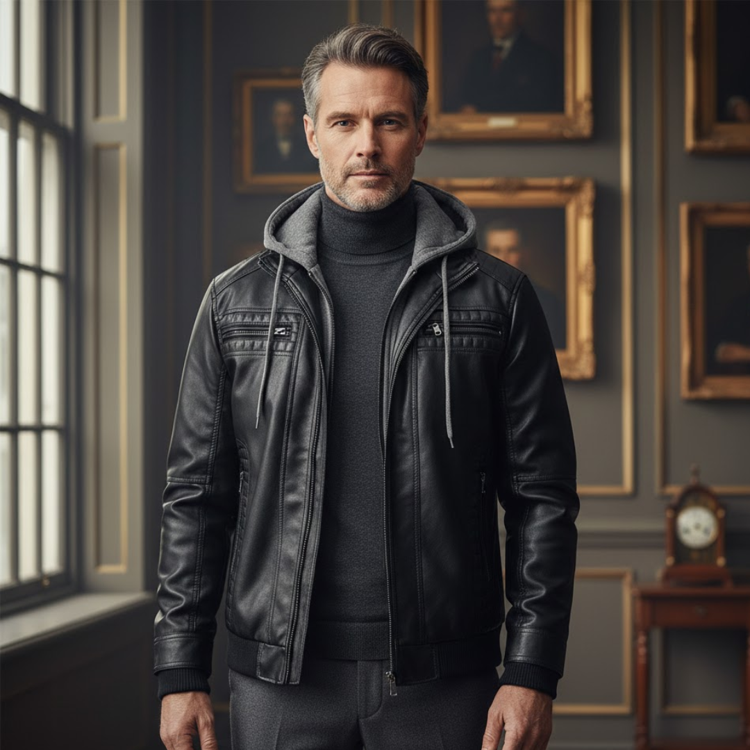 Men’s Faux Leather Jacket with Hood – Stylish Black Biker Coat