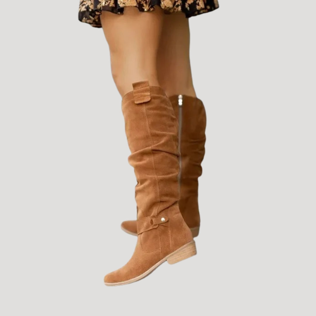 Women’s Beige Suede Knee-High Boots – Classic Flat Long Boots