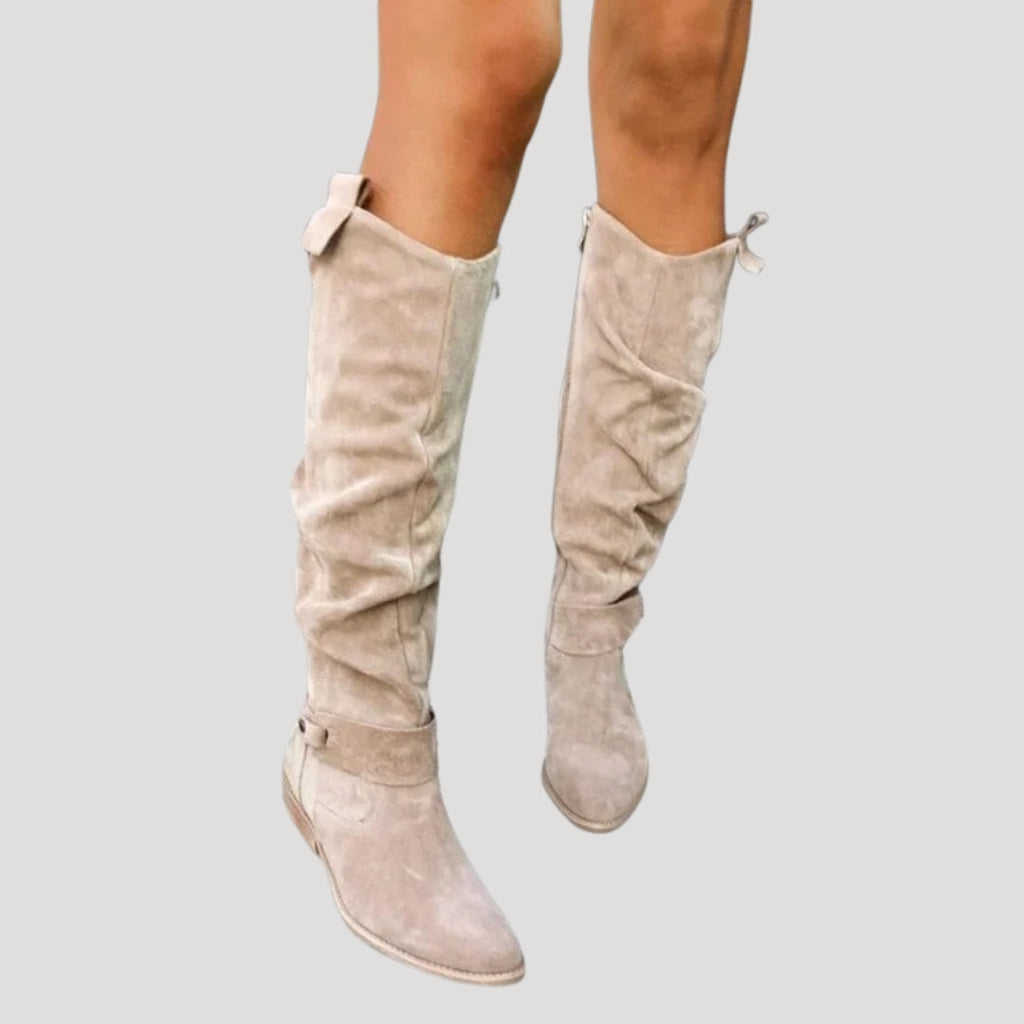 Women’s Beige Suede Knee-High Boots – Classic Flat Long Boots
