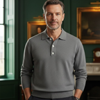 Men’s Light Grey Polo Sweatshirt – Casual Long Sleeve Top