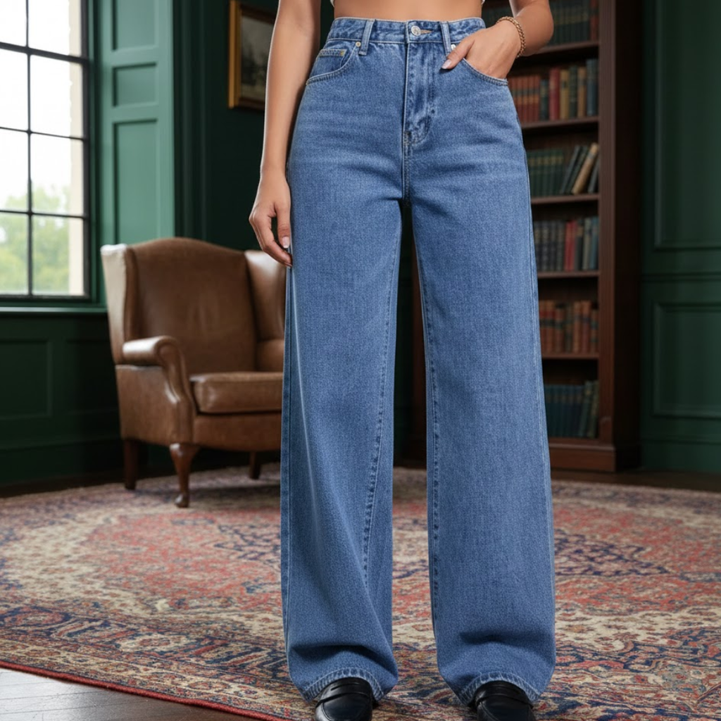 Women’s Wide Leg High Waist Jeans – Vintage Blue Denim