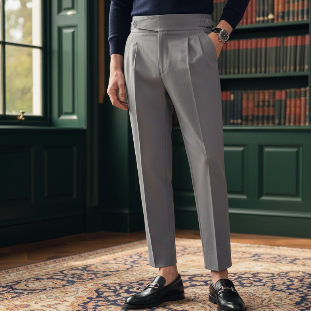 Men’s Navy Pleated High Waist Trousers – Tailored Classic Fit
