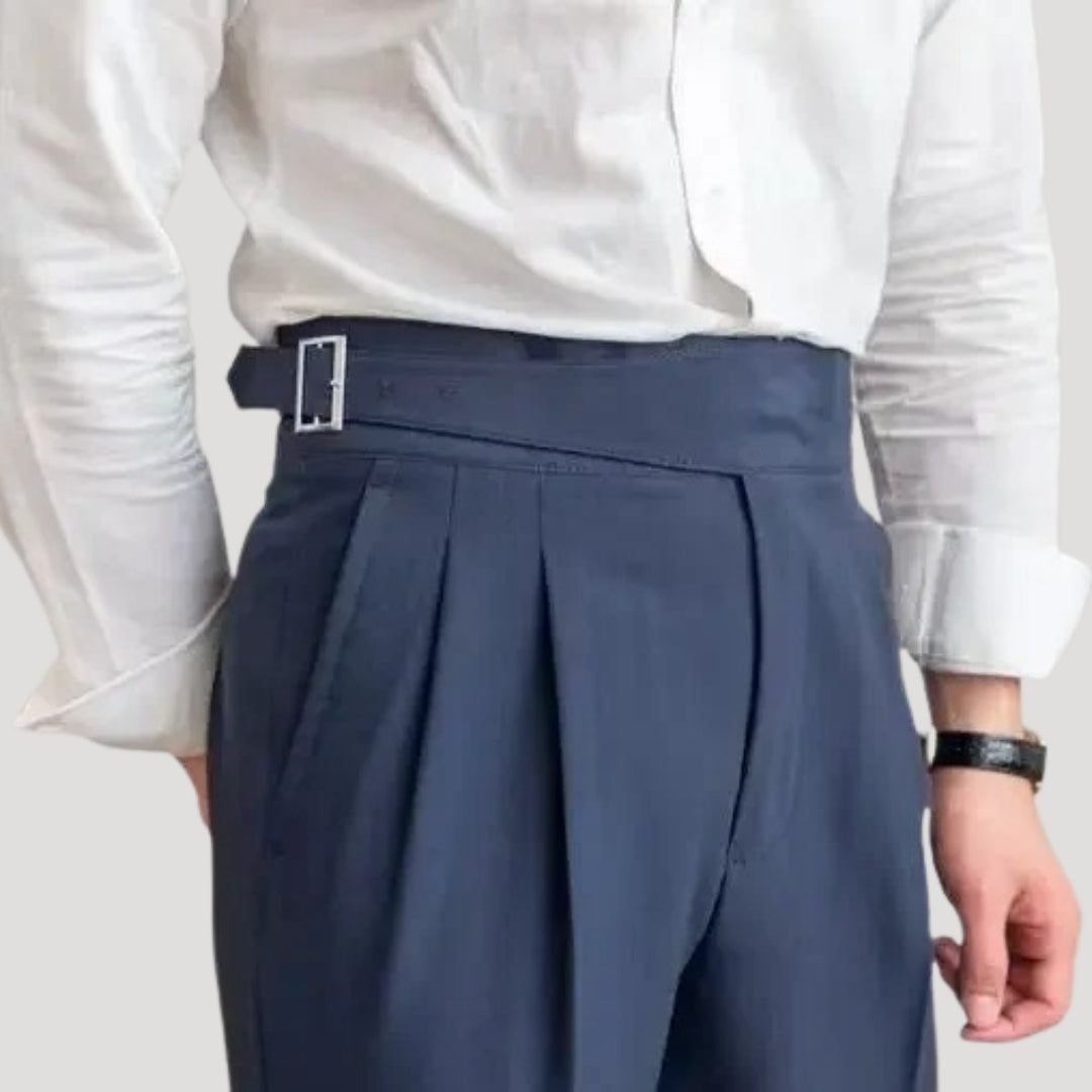 Men’s Navy Pleated High Waist Trousers – Tailored Classic Fit