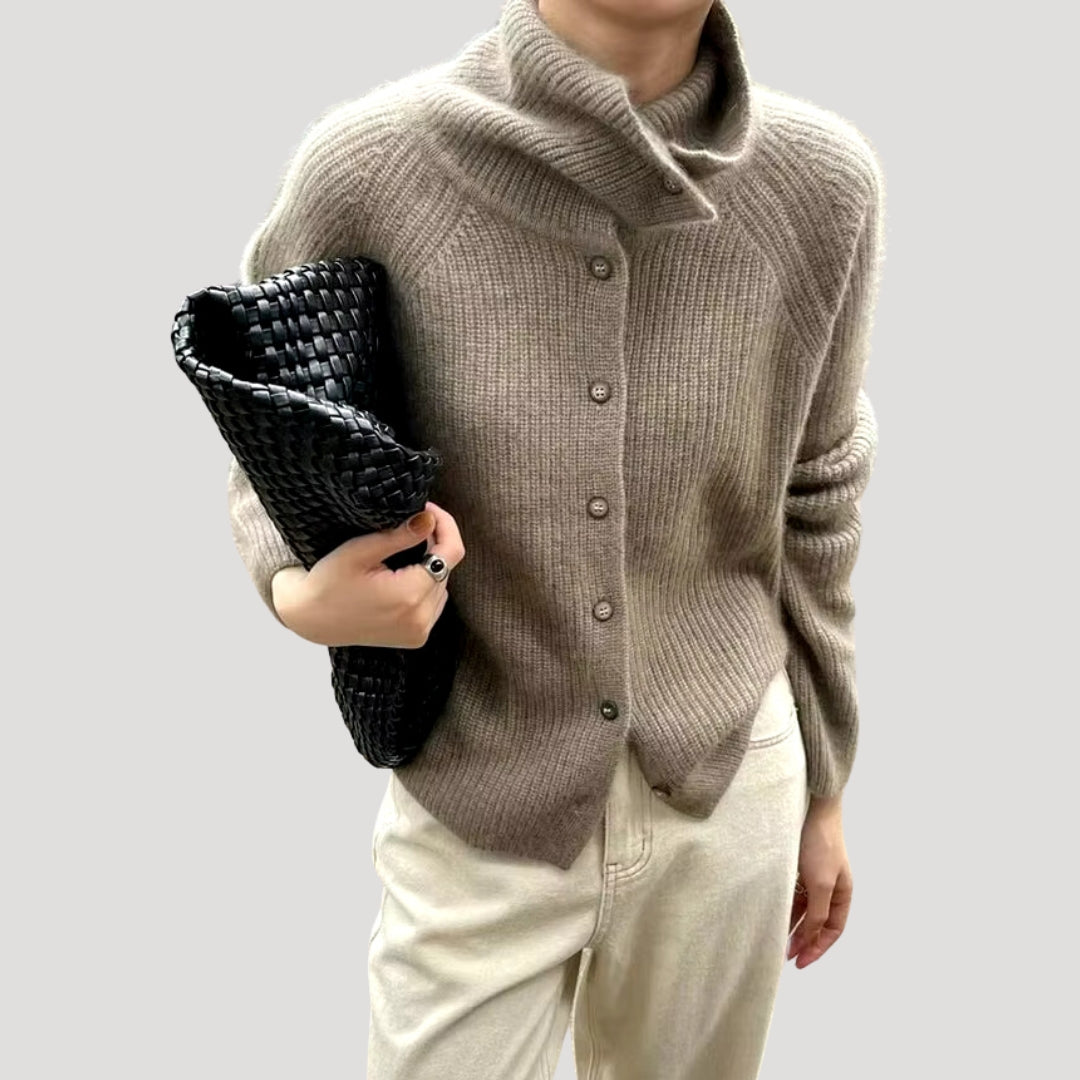 Women’s Beige Ribbed Cardigan – Soft Knit High Collar Jumper