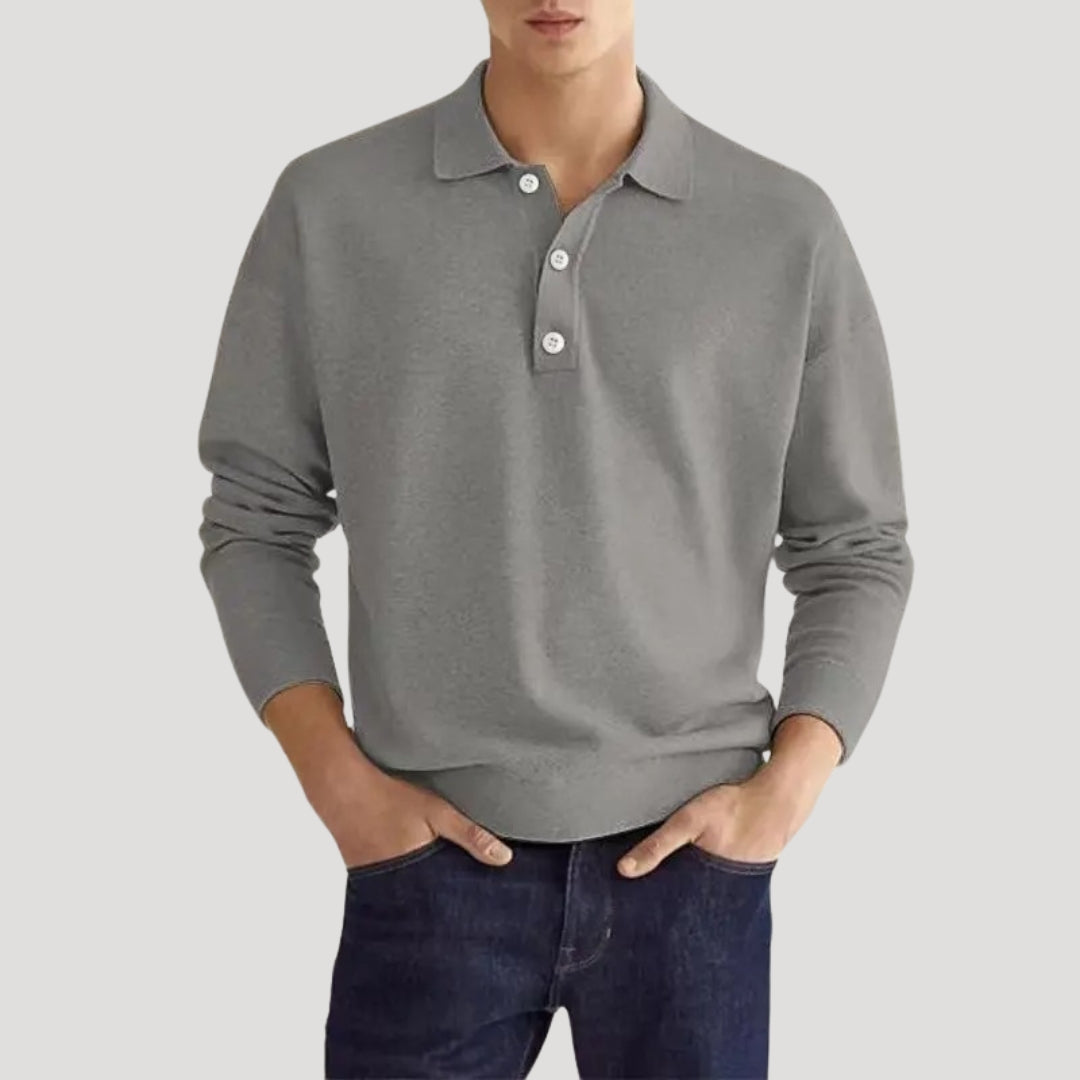 Men’s Light Grey Polo Sweatshirt – Casual Long Sleeve Top