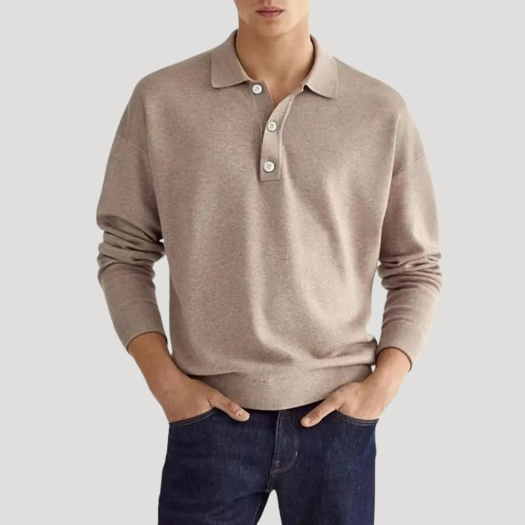 Men’s Light Grey Polo Sweatshirt – Casual Long Sleeve Top
