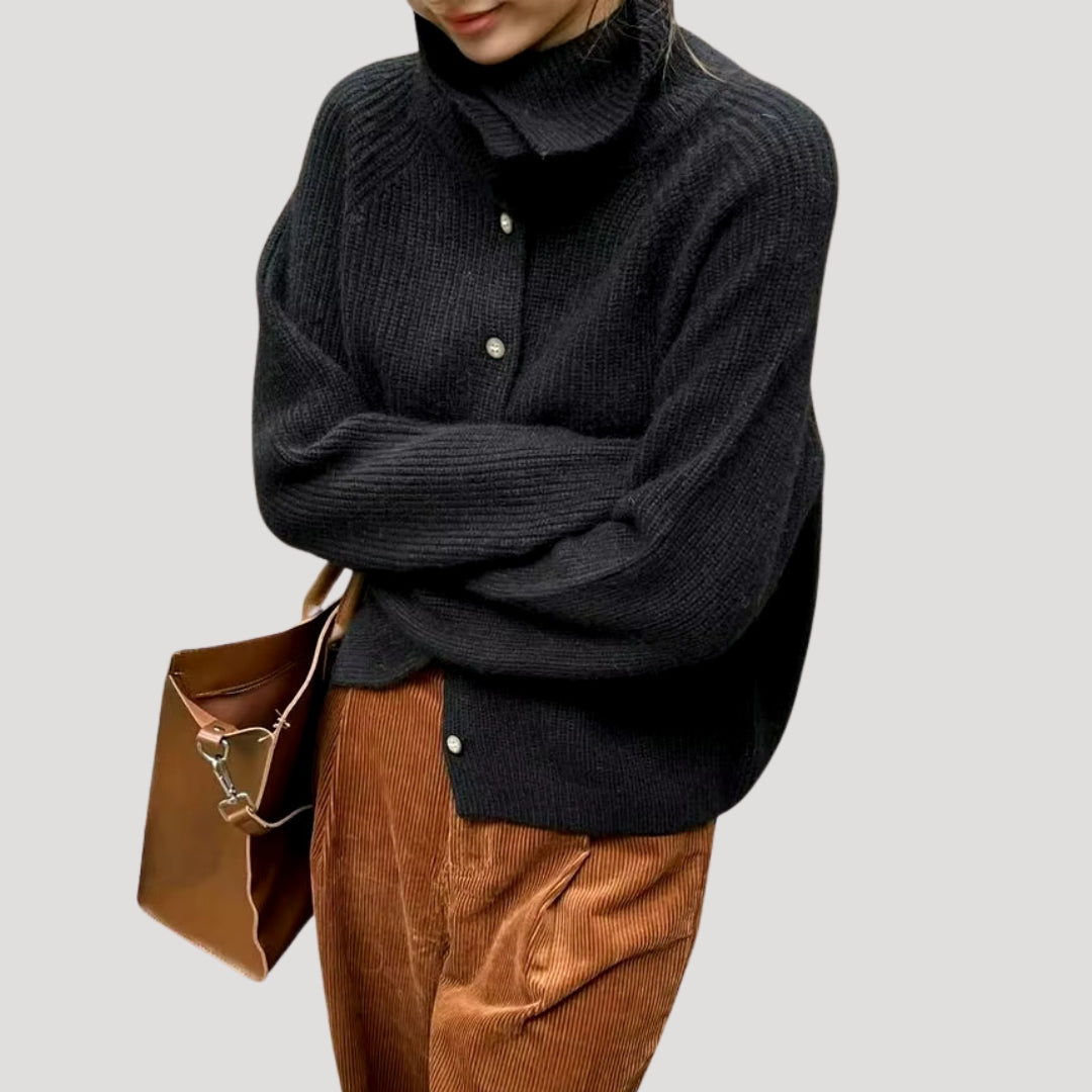 Women’s Beige Ribbed Cardigan – Soft Knit High Collar Jumper