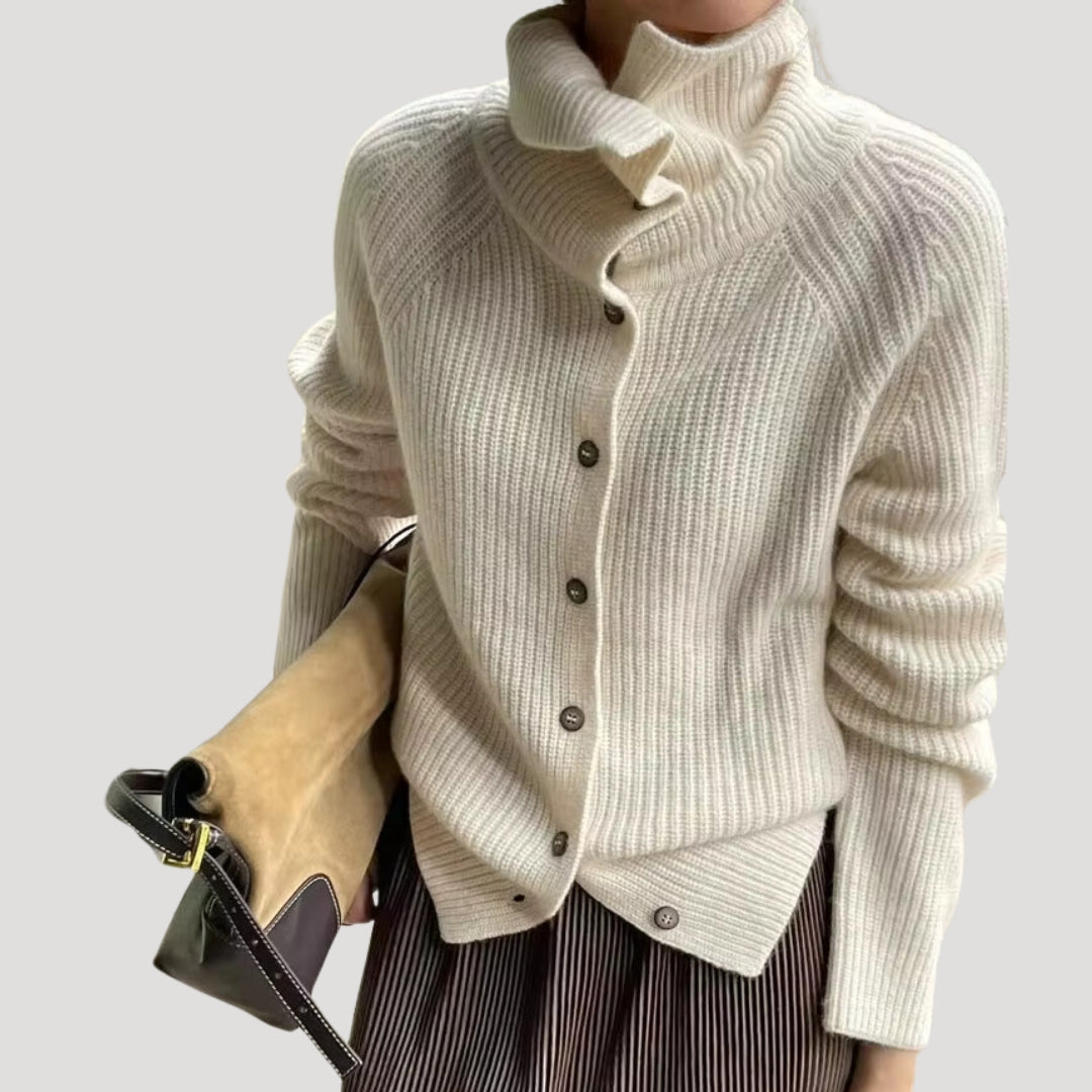 Women’s Beige Ribbed Cardigan – Soft Knit High Collar Jumper