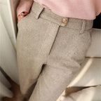 Men’s Beige Herringbone Trousers – High Waist Tailored Fit