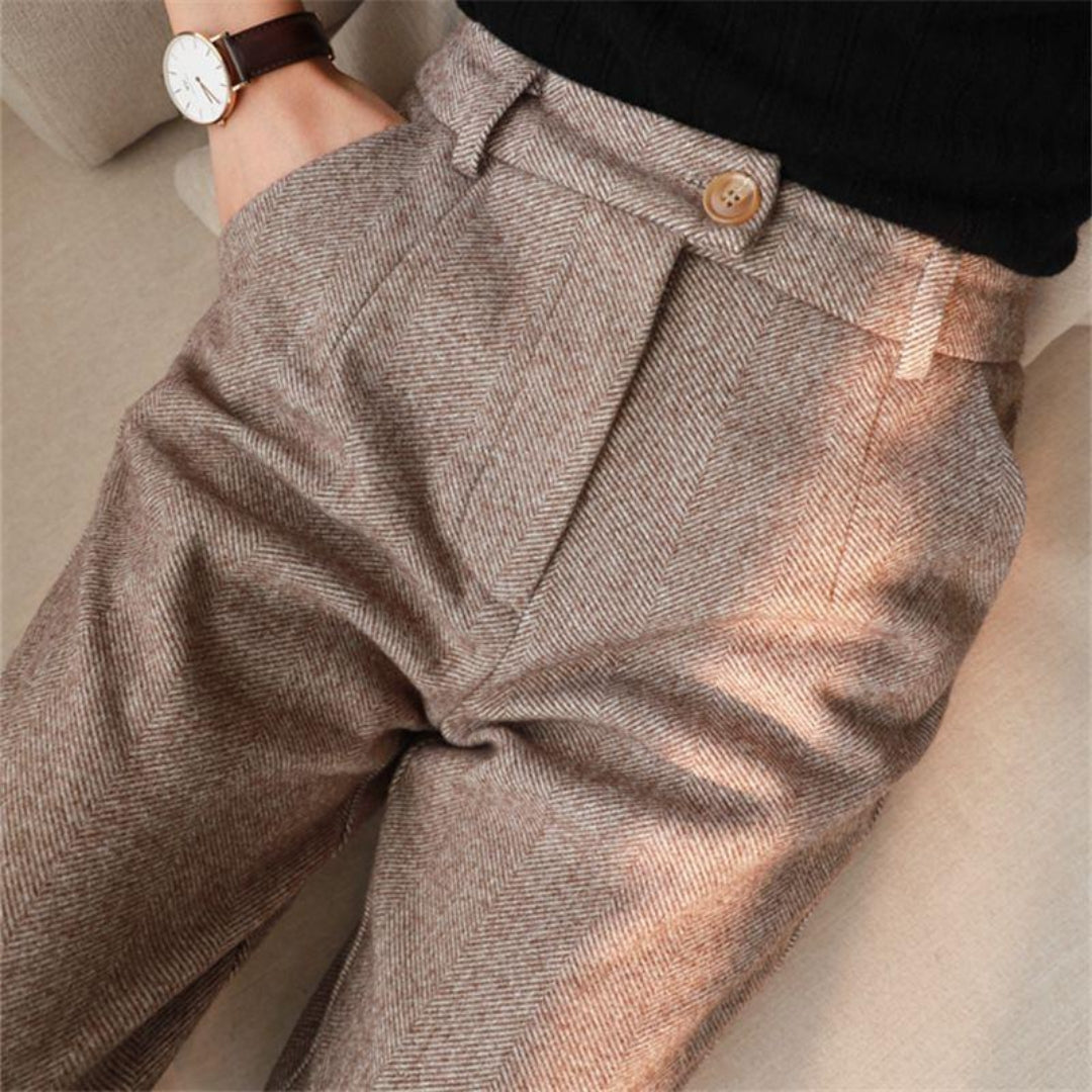 Men’s Beige Herringbone Trousers – High Waist Tailored Fit